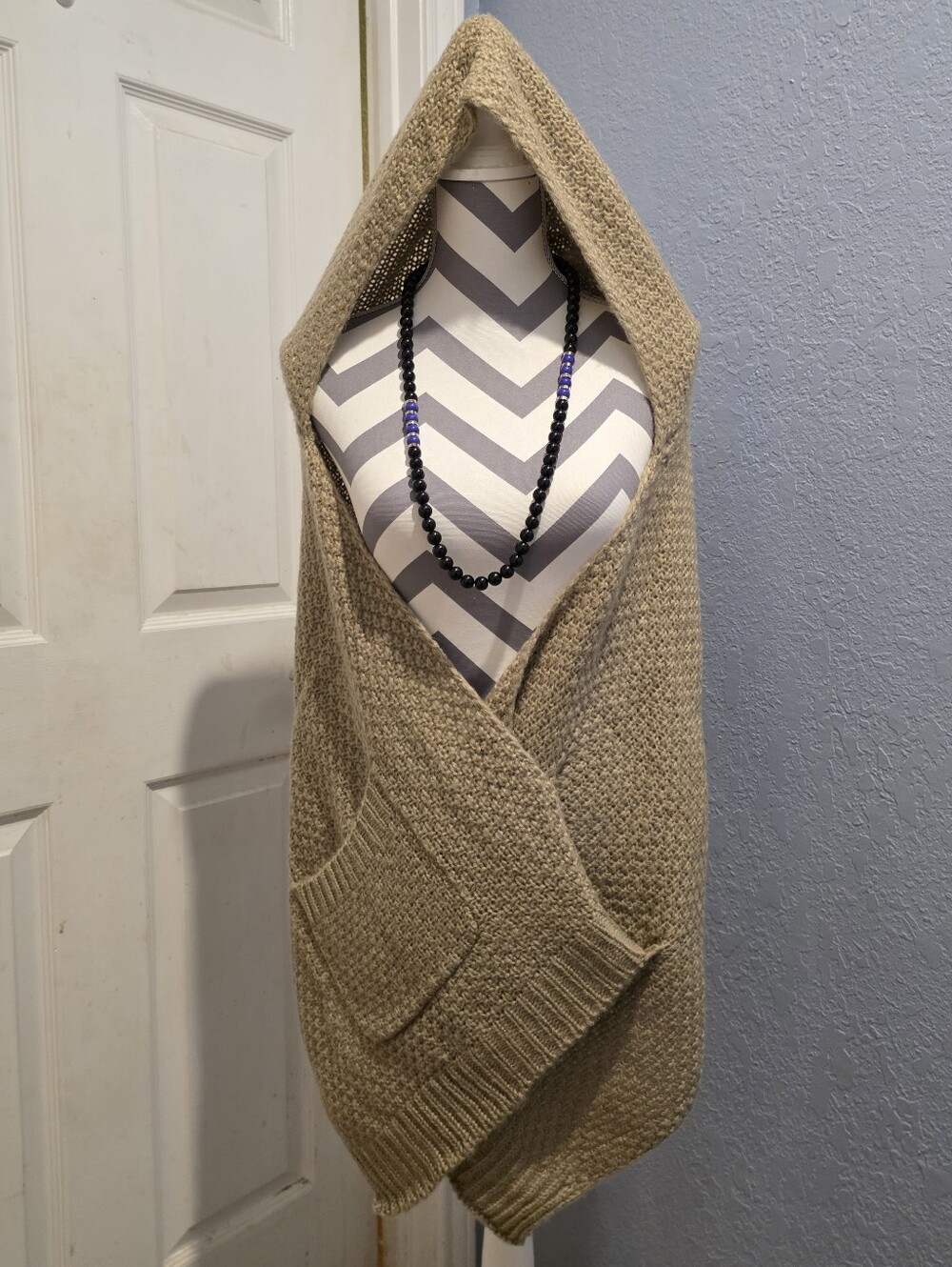 Cozy Hooded Knit Sweater Shawl in Beige